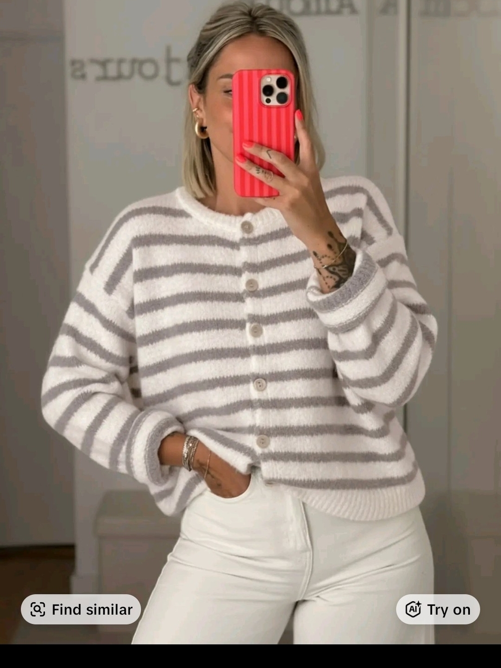 Cozy Striped Button-Front Women’s Sweater - White & Light Gray